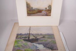 Figures on a river bank, signed Mac W, and a study of a boat in an estuary, signed E.M. Fry, both