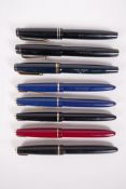 Two Parker Victory fountain pens, a Danish Parker Popular, and five Parker Slimfold pens, all appear