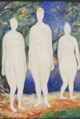 Russian surrealist, three ghostly figures, oil on canvas laid on board, 11" x 15"
