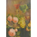 A Dutch still life of flowers and fruit, oil on canvas laid on board, 13" x 21"
