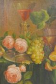 A Dutch still life of flowers and fruit, oil on canvas laid on board, 13" x 21"