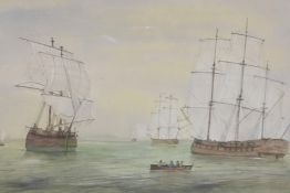 Early C20th, British tallships at sea, watercolour, 21" x 15"