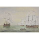 Early C20th, British tallships at sea, watercolour, 21" x 15"