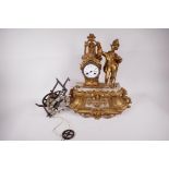 A C19th Continental spelter and onyx mantle clock cast as a huntsman standing beside a clock