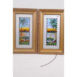 A pair of butterfly membrane pictures of tropical islands, 4" x 9½"
