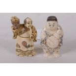 Two Japanese carved bone netsuke in the form of men, signed