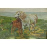 Pony and foal in a landscape, oil on canvas laid on board, unsigned, 14" x 10"