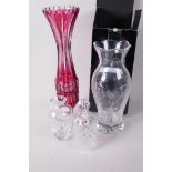 A ruby overlaid cut glass specimen vase on a pedestal base, 12" high, together with two Royal