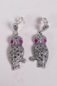 A pair of 925 silver and marcasite drop earrings in the form of owls, 1½" drop