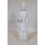 A crackle glazed terracotta figure of Buddha, 36" high, A/F repair to neck and losses to glaze