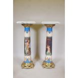 A pair of painted metal column pedestals, with marble tops and brass mounts and bases, 17" x 17" x