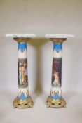 A pair of painted metal column pedestals, with marble tops and brass mounts and bases, 17" x 17" x