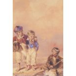 Children on a beach with a basket of fish, attributed on mount to William Shayer, C19th watercolour,
