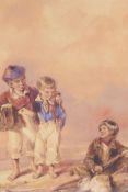 Children on a beach with a basket of fish, attributed on mount to William Shayer, C19th watercolour,