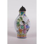 A Canton enamelled copper snuff bottle decorated with women and children, four character mark to