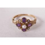 A 9ct gold, amethyst and seed pearl dress ring, size Q