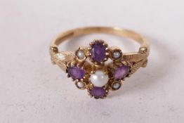 A 9ct gold, amethyst and seed pearl dress ring, size Q