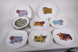 A set of seven Beefeater Steak and Grill plates decorated with stylised bulls, together with a set