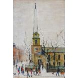 After L.S. Lowry, St Luke's Church, Old Street, oil on canvas laid on board, 12" x 16"