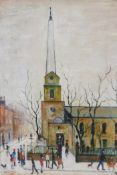 After L.S. Lowry, St Luke's Church, Old Street, oil on canvas laid on board, 12" x 16"