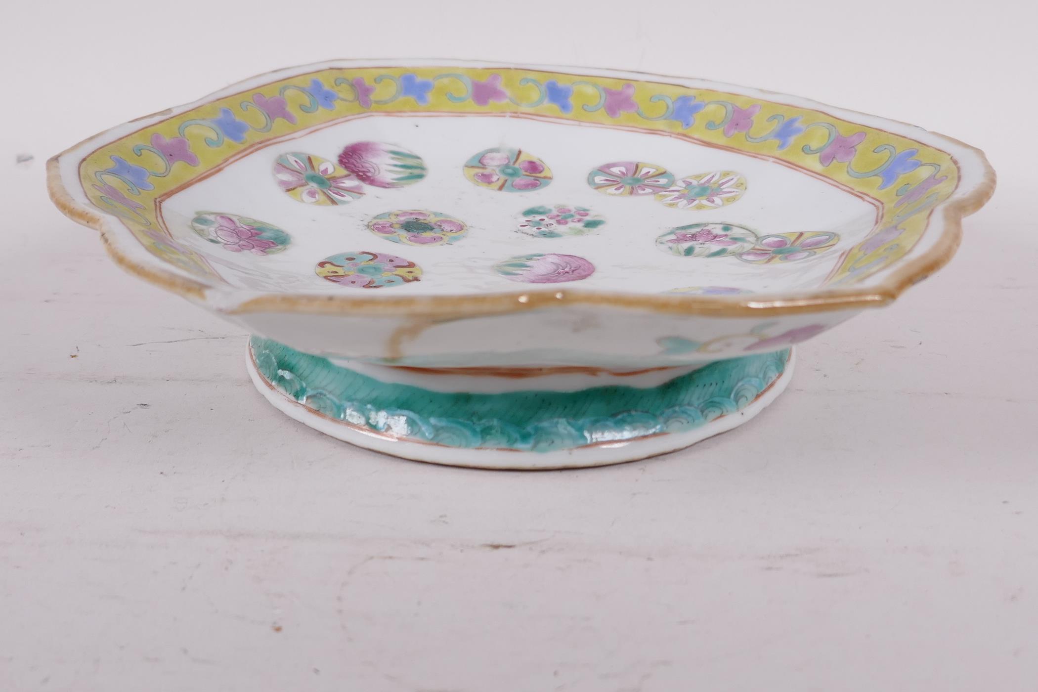 A C19th Chinese petal rimmed footed bowl painted in bright polychrome enamels, red seal mark to - Image 4 of 6