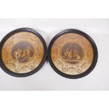 A pair of framed C18th engravings on silk by Bartalozzi, 10" diameter