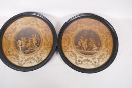 A pair of framed C18th engravings on silk by Bartalozzi, 10" diameter