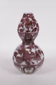 A red and white porcelain double gourd vase with peacock decoration, Chinese, 9" high