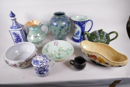 A quantity of pottery and porcelain including a Burleighware lustre glazed jug, 8" high, a green