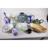 A quantity of pottery and porcelain including a Burleighware lustre glazed jug, 8" high, a green