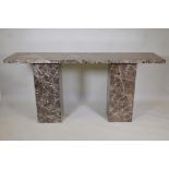 A marble console table on two pedestals, 72" x 18", 33" high