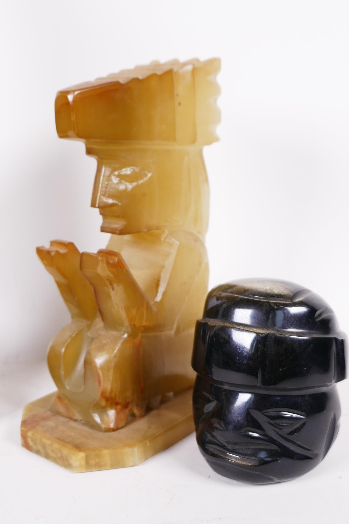 Two Mexican carved obsidian heads, a carved onyx seated figure 7" high, and a Canadian carved - Image 3 of 4