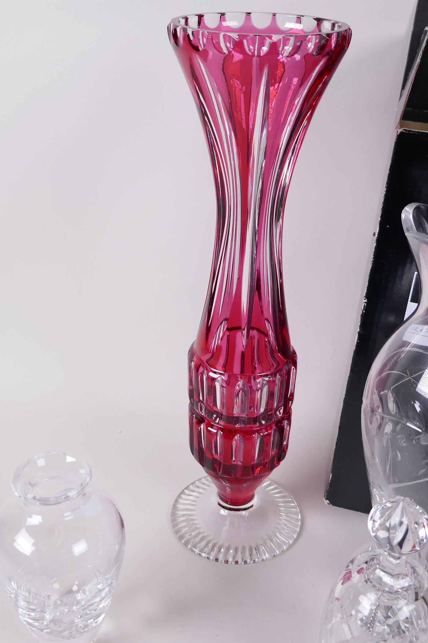 A ruby overlaid cut glass specimen vase on a pedestal base, 12" high, together with two Royal - Image 4 of 4