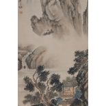 A Chinese watercolour panel depicting a riverside dwelling with distant mountains, 18" x 36"