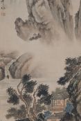 A Chinese watercolour panel depicting a riverside dwelling with distant mountains, 18" x 36"