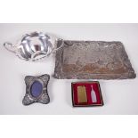 A hallmarked silver photo frame, aperture 2" x 1", together with a silver plated sugar bowl, a
