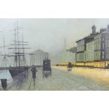 In the manner of Atkinson Grimshaw, harbour side scene at dusk, oil on canvas laid on board, 26" x