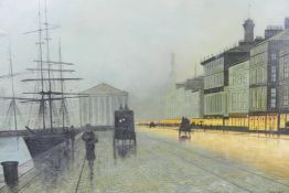 In the manner of Atkinson Grimshaw, harbour side scene at dusk, oil on canvas laid on board, 26" x