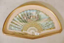 A French ivorine and paper fan, with hand coloured lithographic decoration and silver and gilt