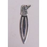 A sterling silver book mark with dog head finial, 2" long