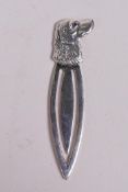 A sterling silver book mark with dog head finial, 2" long