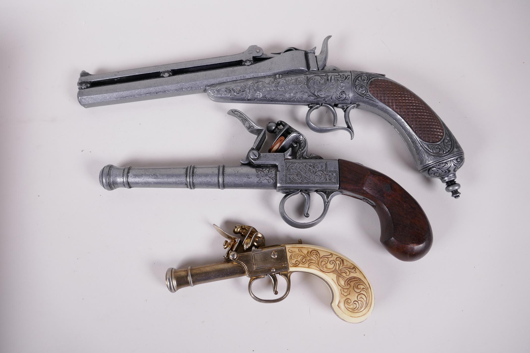 Two replica flint lock pistols and a replica duelling pistol, 13" long - Image 3 of 3