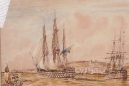 English Man-o-War off the Coast, signed 'Nibbs', C19th watercolour, 12" x 17"