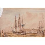 English Man-o-War off the Coast, signed 'Nibbs', C19th watercolour, 12" x 17"