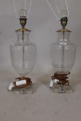 A pair of cut glass table lamps, 18" high