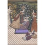 Indian watercolour on silk, women in a garden, A/F, two minor holes, glass broken, 20" x 32"
