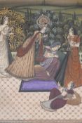 Indian watercolour on silk, women in a garden, A/F, two minor holes, glass broken, 20" x 32"