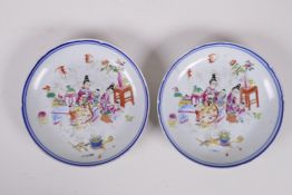 A pair of  C19th Chinese famille rose enamelled porcelain dishes, decorated with women and children,