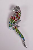 A 925 silver and plique a jour brooch in the form of a parrot, 3" long