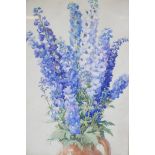 Stanley Smith, still life, Delphiniums, watercolour, signed, 20" x 30"